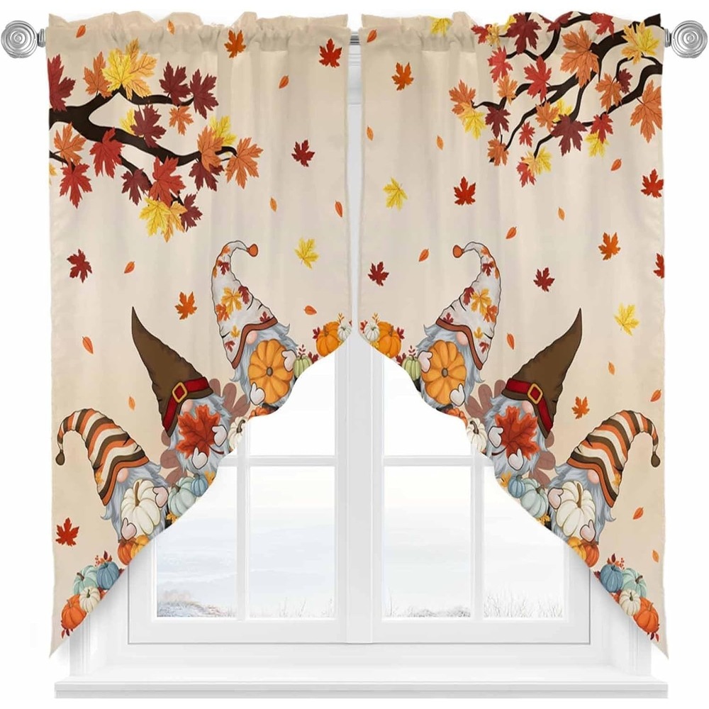Thanksgiving Fall Gnome Swag Curtains 36x36 Beige Pumpkin Maple Leaf 2 Panels